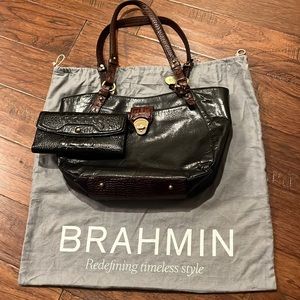Brahmin Black Leather purse with Brown accents and matching black wallet
